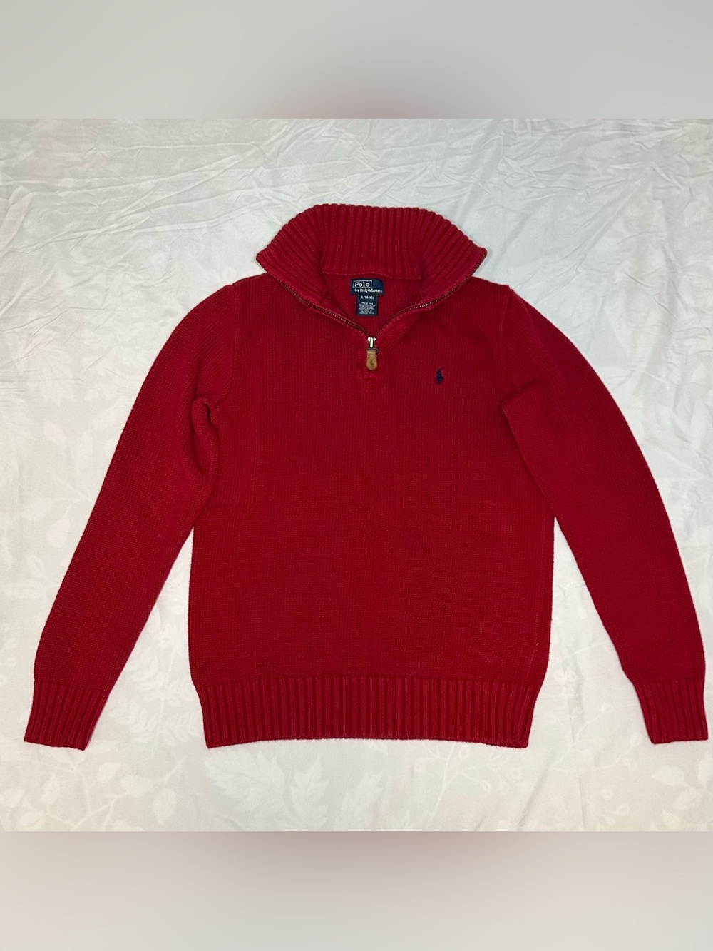 Polo Ralph Lauren 1/4 Zip Sweater Boys L 14-16 Red Cotton Ribbed Knit Pullover